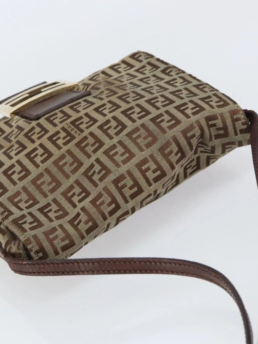 FENDI Zucchino Canvas Mamma Baguette Shoulder Bag Brown Gold Auth gh1492 - Picture 7 of 16